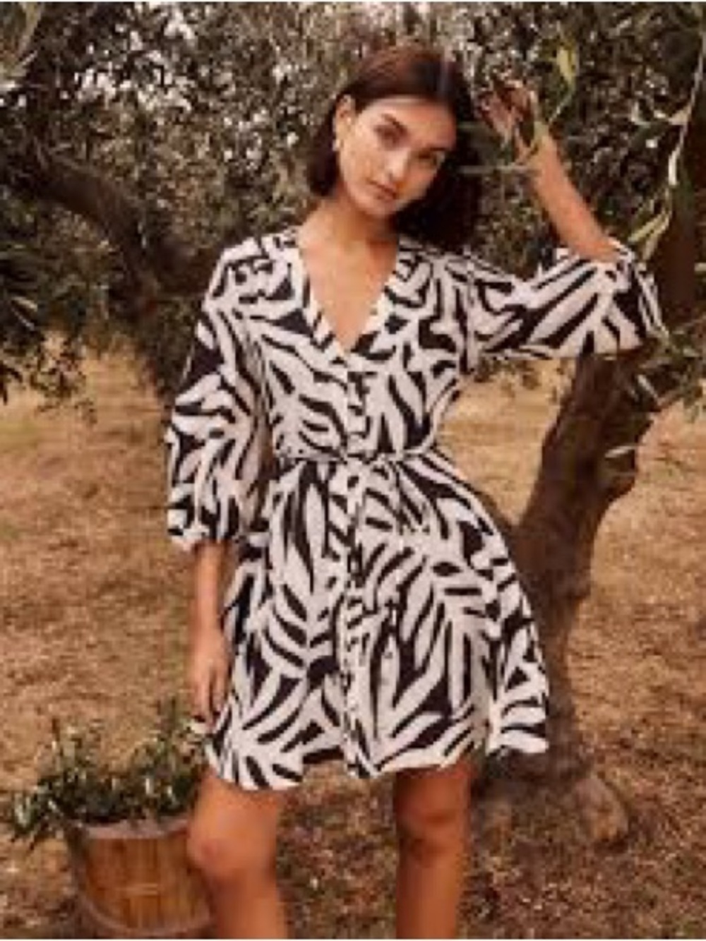 Ever New Black and White Patterned Dress Smooth fabric V neckline